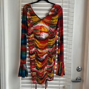 Fashion Nova Multi-Colored Ruched Mini Dress. Ties in back. XL. Super Stretchy